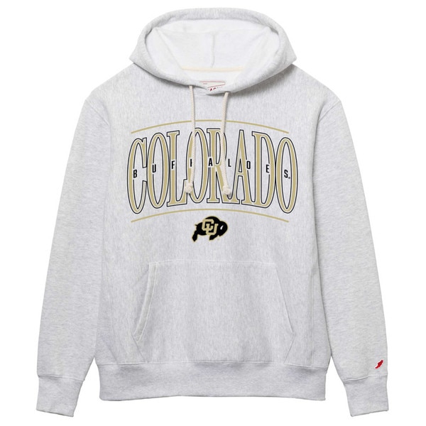 Ash grey hoodie with large arched “COLORADO” text, “Buffaloes” lettering underneath, and CU Buffaloes logo centered on the chest.